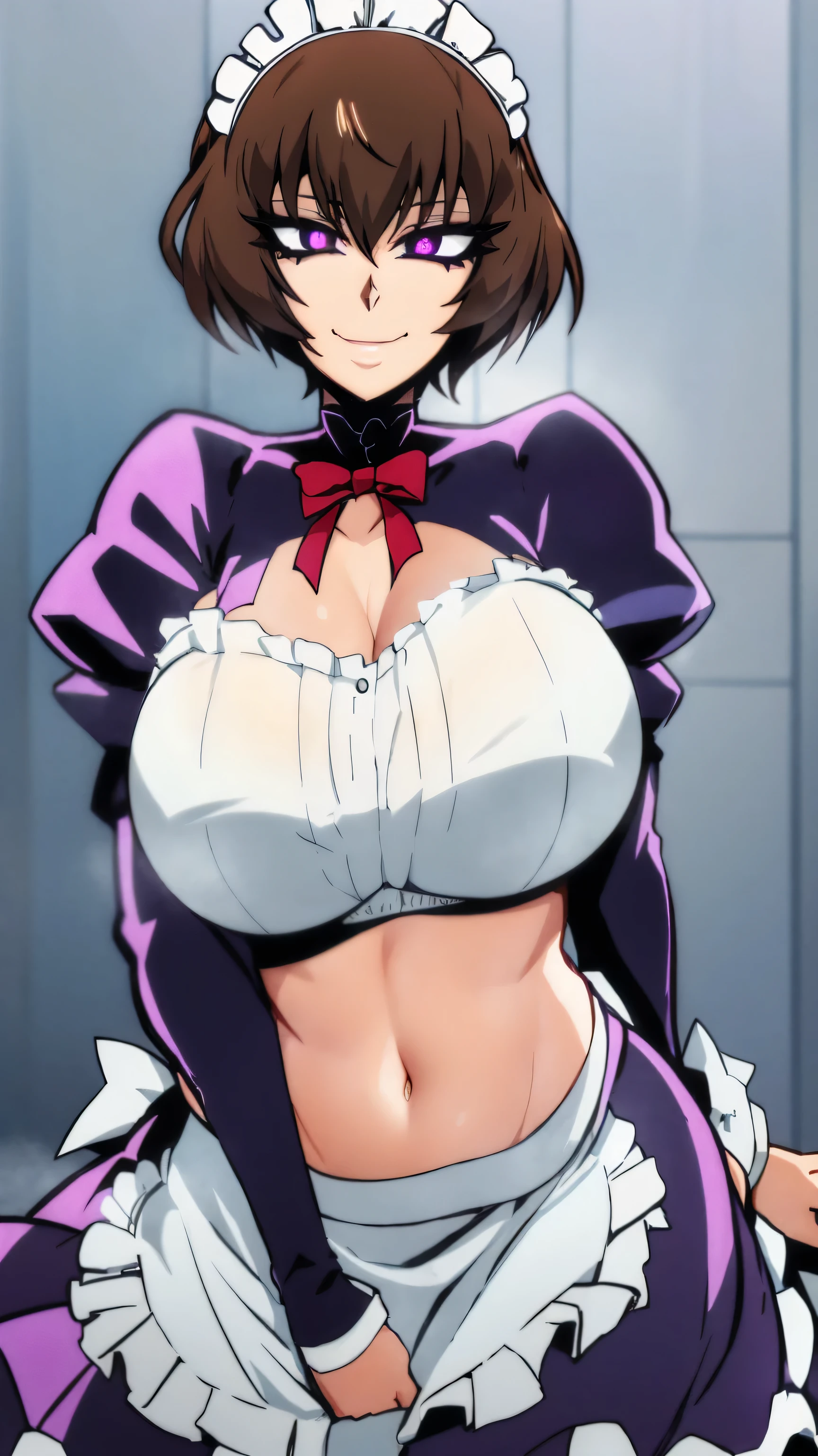 A happy maid woman beautiful big breasts beautiful sexy cute attractive big dark brown hair disheveled cut her light yellow eye big eyelashes purple maid top dresses shows her navel and dresses metallic purple maid skirt