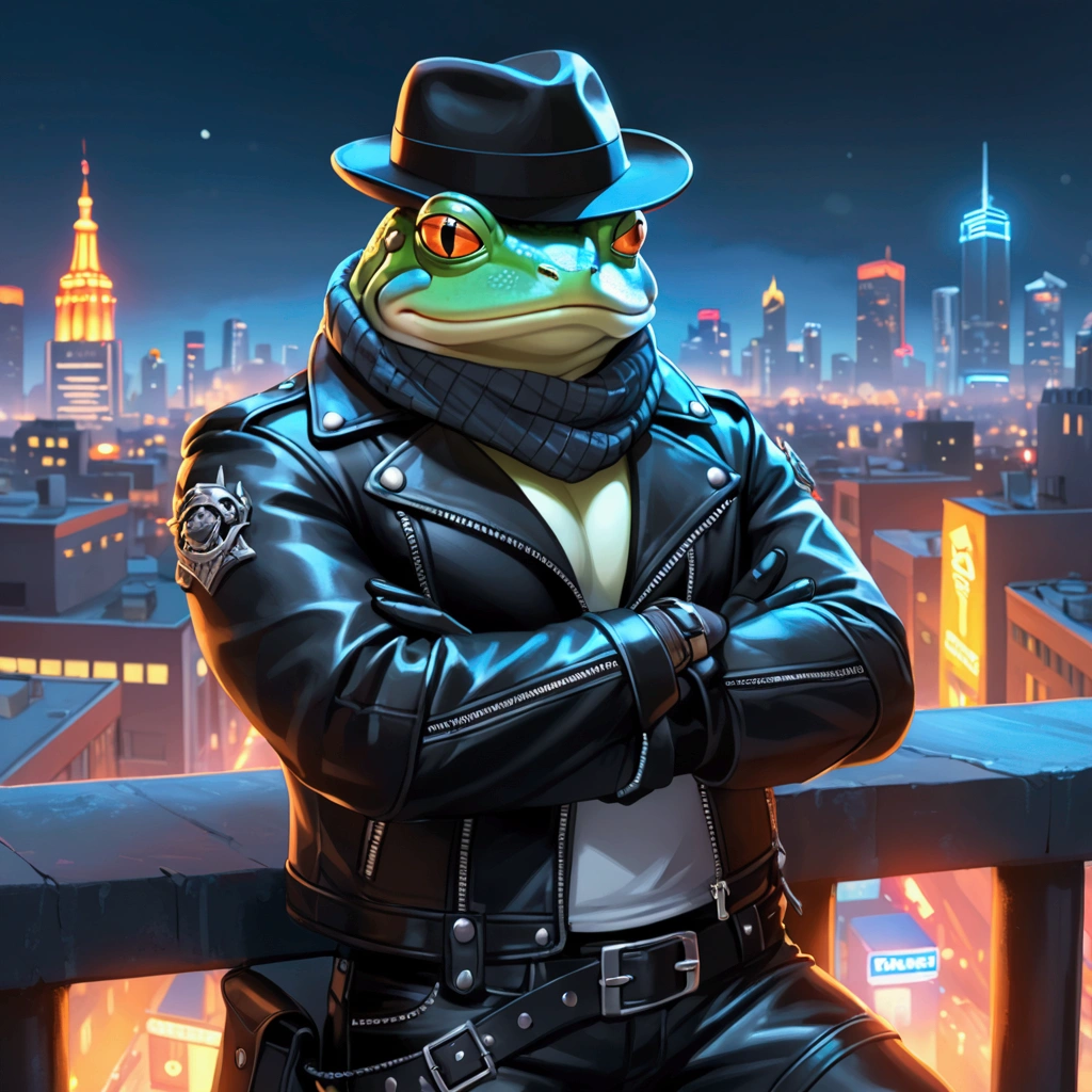 Closeup, An extremely badass light blue and white bullfrog wearing an ...