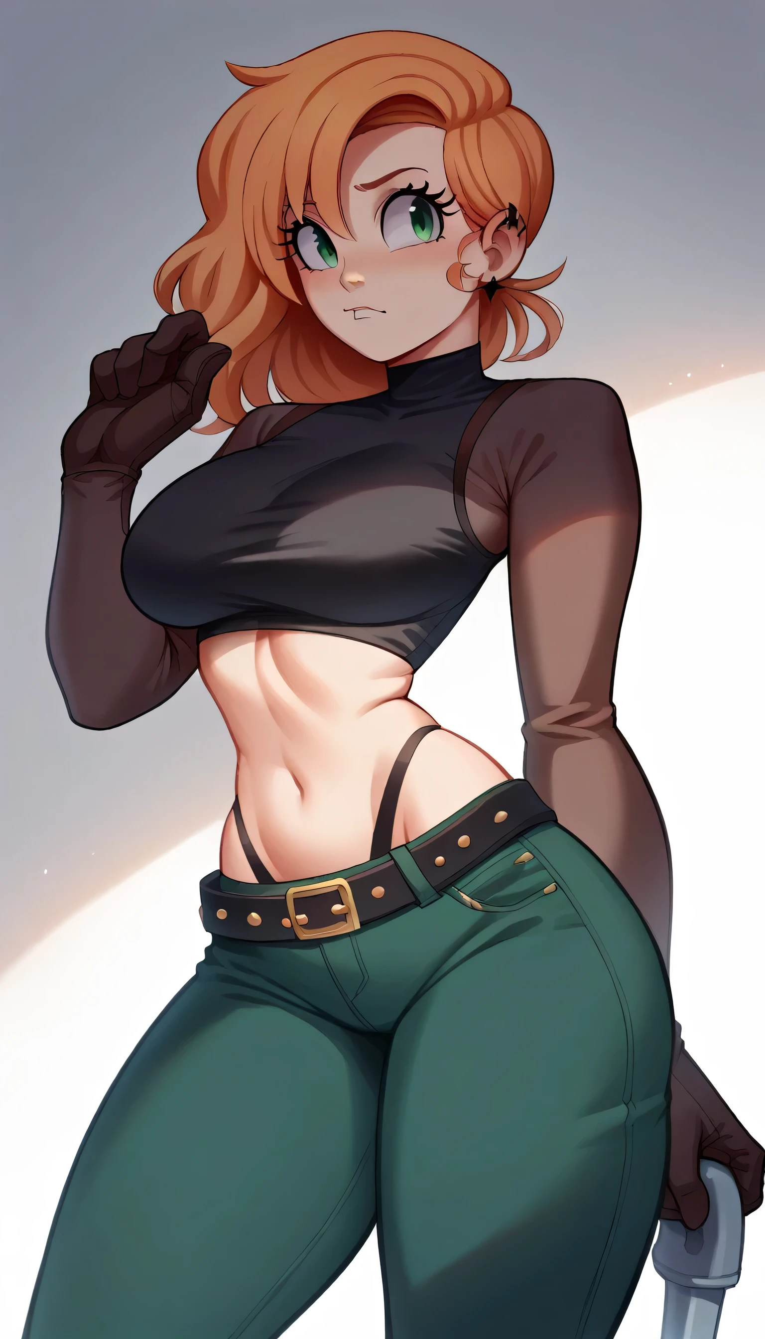 A  girl spy agent beautiful big breasts sexy beautiful long straight orange hair her green eye wears short black top shows navel and dark green pants black belt brown boot gloves Black