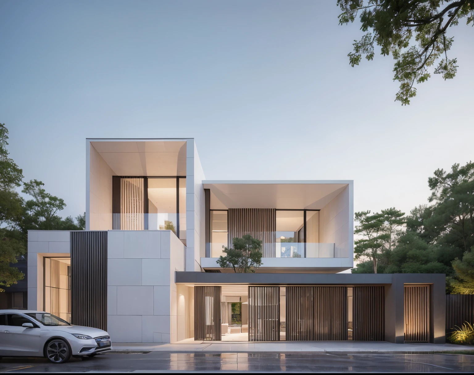 RAW photo, Exterior of two story white modern house, road, ((sidewalk)), ((sidewalk trees)), residences area, dawn time, overcast, fog, tropical trees and plants, (high detailed:1.2), 8k uhd, dslr, soft lighting, high quality, film grain, Fujifilm XT3, (sharpen:1.5)