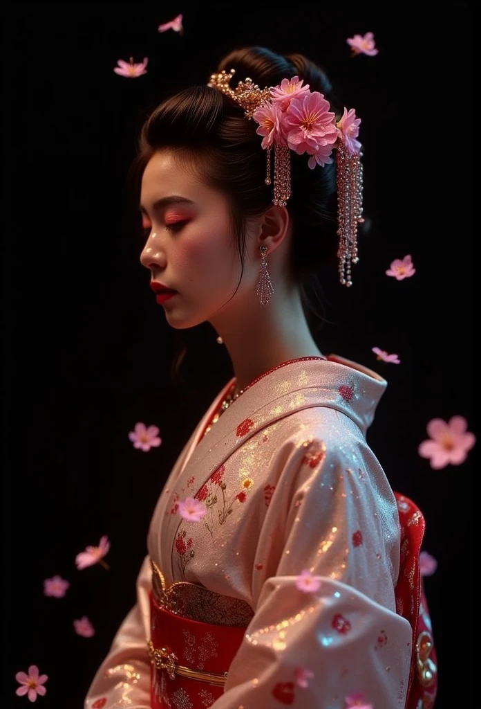 ((masterpiece)) ((Highest quality)) A realistic, kinetic image of a geisha set against a deep black background. She wears a traditional kimono with intricate floral patterns znd very liw neckline, her expression calm yet intense. Her hair is styled in an elaborate updo, adorned with delicate hair ornaments that seem to sway with an invisible wind. Cherry blossom petals are scattered randomly around her, some blurred to create a sense of motion, as if carried by a gentle breeze. The lighting subtly highlights her face and kimono details, adding a dramatic contrast against the dark background. The image conveys grace, movement, and a timeless beauty, with a dynamic effect of wind sweeping through the scene.