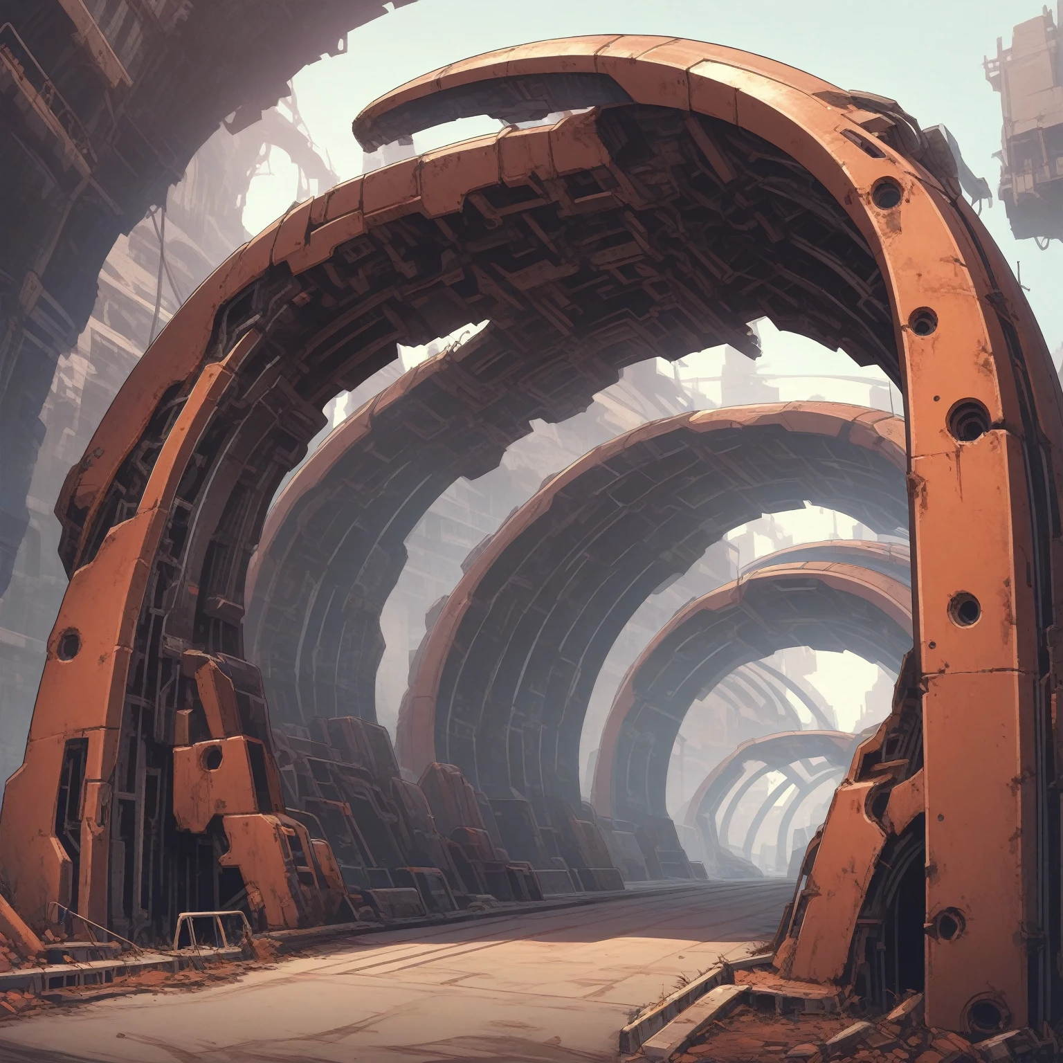 a huge futuristic metal archway that is starting to get rusty