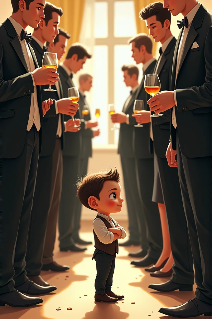 Create a photorealistic full-length image of a skinny 1 boy with a short blond haircut. He is dressed in a neat white shirt with a bow tie and short black shorts.. He holds a tray with three glasses of champagne with both hands.. The face is cute, he has an expression of humiliation and submission. Background - cozy hallway of the apartment, with warm lighting.