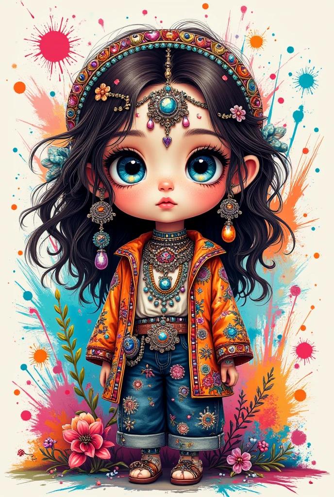 A captivating 3D alcohol ink art piece featuring a chibi-style  with bohemian flair. The girl is adorned with intricate, colorful jewelry, and her captivating abstract outfit is a symphony of vibrant hues. She stands among a backdrop of splashes of vivid graffiti, adding depth and character to the scene. The artwork is rendered with exceptional detail and depth, showcasing the artist's mastery of the medium. The overall atmosphere of the piece is lively and dynamic, inviting the viewer to explore its intricacies and immerse themselves in the whimsical world created by the artist.