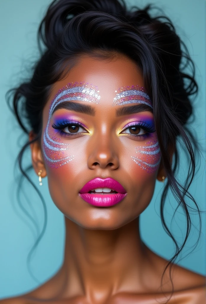 A portrait of a beautiful black woman with bright makeup, vibrant, black background