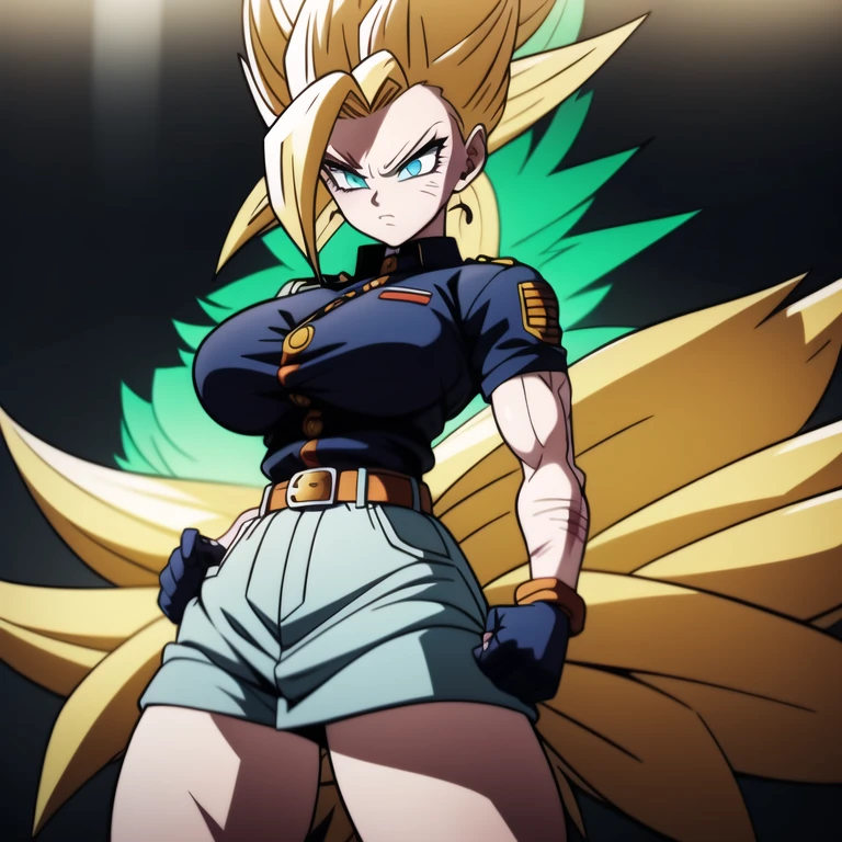 dbsuper style, 
Girl, green aura, super saiyan aura, belt, cyan hair, huge hair, bruise, bruise on face, clenched hands, frown, gloves, blue eyes, grey gloves, injury, medium breasts, huge muscular, solo, spiked hair, super saiyan, super saiyan 4, mouth opened, furious, military's uniform, widow's preak
, ((masterpiece)) 
