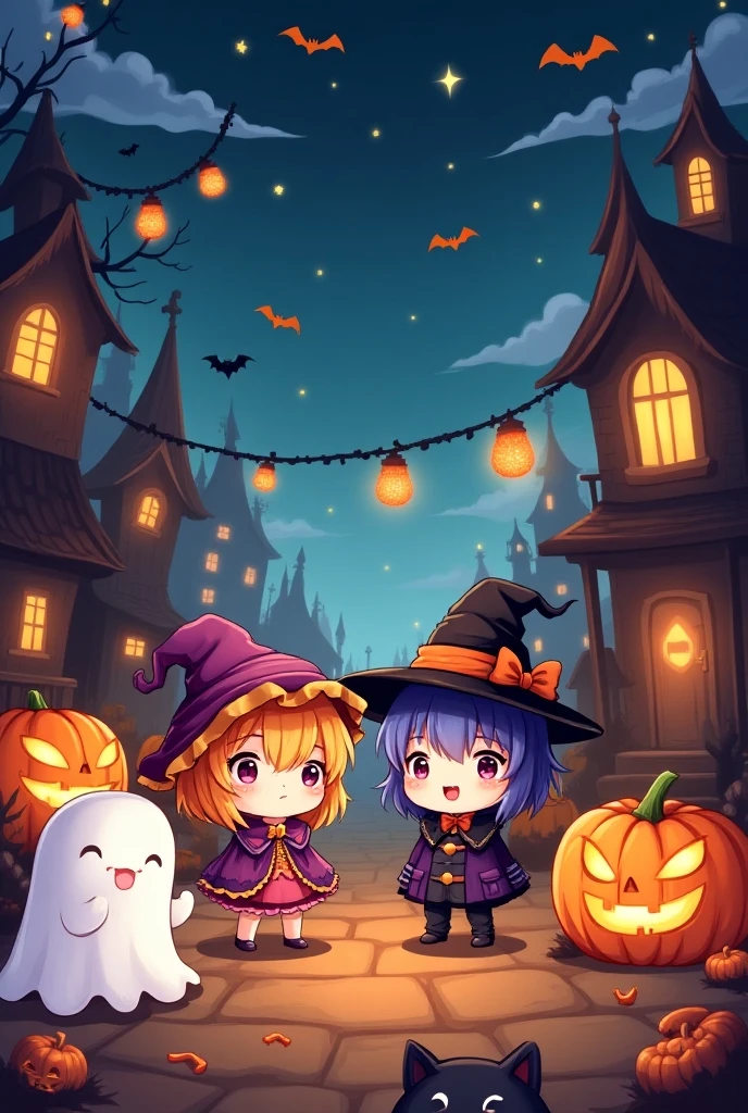 (best quality, high quality:1.3), cg, dramatic lighting, highly detailed, bokeh, 2girls, 1boy, height difference, Halloween costumes, trick or treating, midnight, haunted house, pumpkin lamps, ghosts, spirits, full moon, adventure