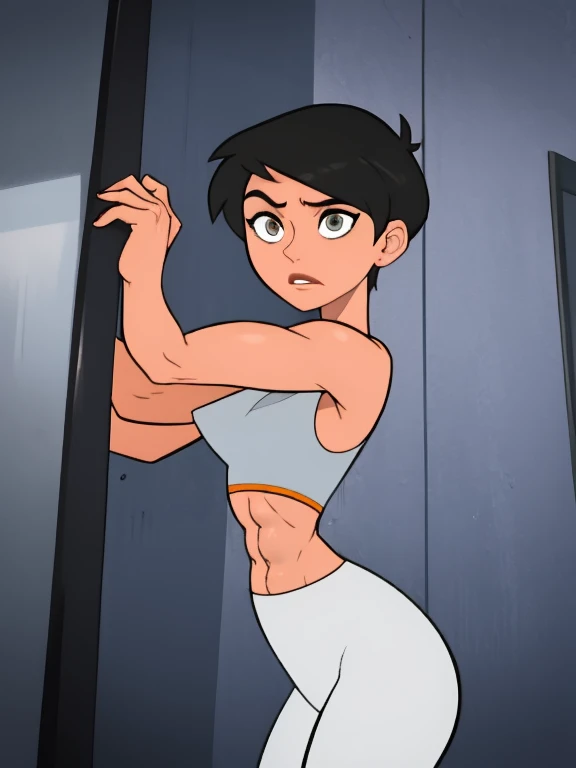 Best_QualityPos, RAW photo, beautiful face, intricate details, best quality, 8k uhd, soft lighting, 1girl, solo, grey eyes, very short black hair, bob cut, short hair, white bodysuit, white croptop, white yoga pants, bare shoulders, short breasts, abs , female athletic build, Lois Lane, manga style art. Masterpiece 