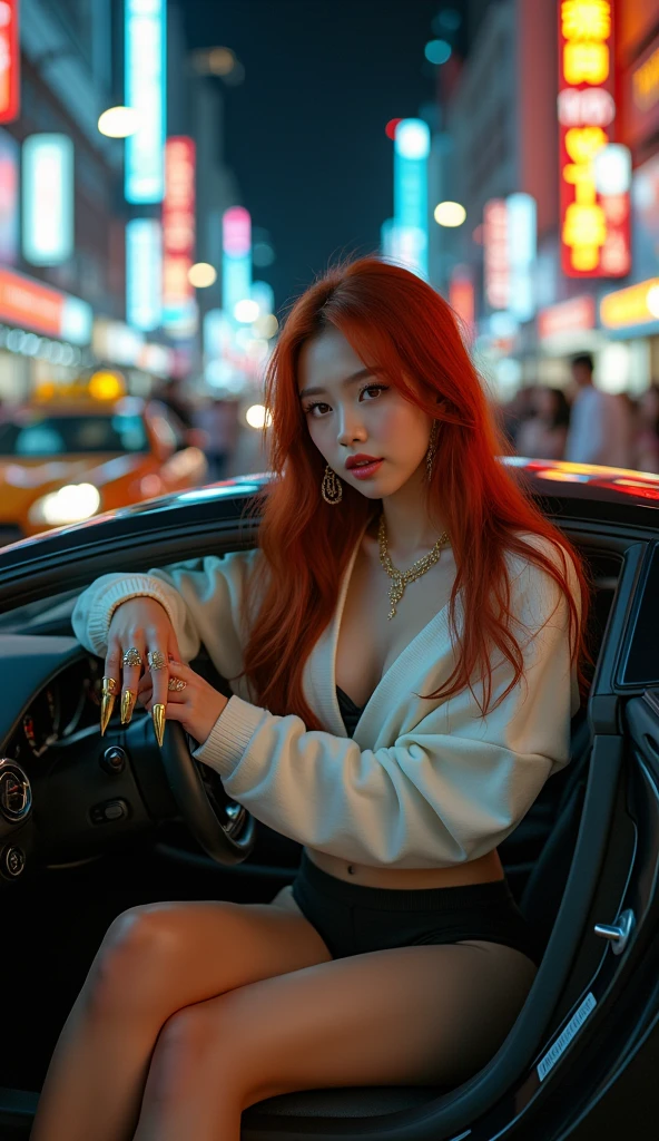 DSLR photo, asian girl with red hair sitting in a diner at night, seen through a window, perfect face, sunglasses, smoking a white tailor made cigarette, NeonNoir, (backlit:1.1), hard shadow, masterpiece, best quality, Intricate, High Detail, 8k, modelshoot style, film grain,