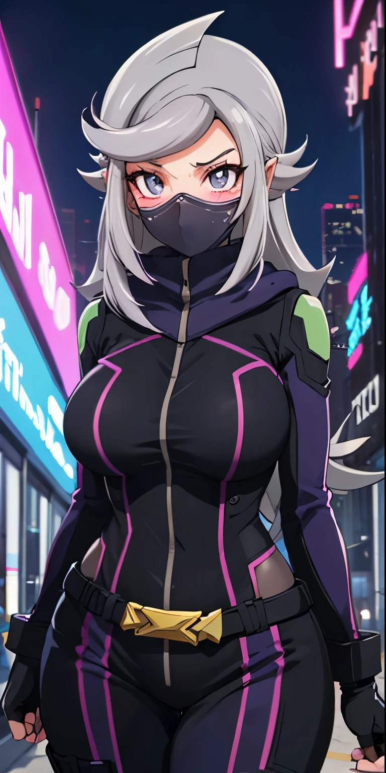 1 Female,High definition,high resolution,Ultra-realistic,8K, 1girl,  (emma_bessho:1.2),  (grey hair:1.2),(  purple hair:1.2),  grey eyes,  low-tied long hair,  (large breasts:1.2),  (wide hips:1.2),  (purple bodysuit:1.2),  (long sleeves:1.2),  pants,  (black gloves,  fingerless gloves:1.2),European,sexy,Upper body close-up,Photographed from the front,Dynamic Angles,blush, big tits, facial, sweat, (wide thighs:1.3),cyberpunk city, purple neon lights ,detailed face ,(mask)