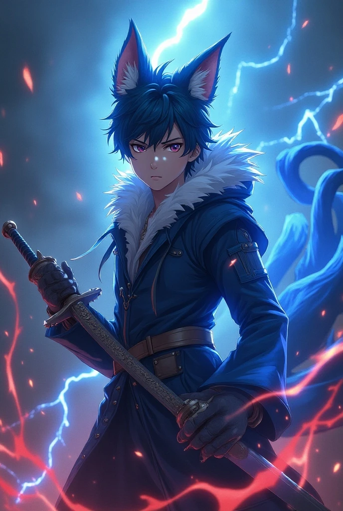 Realistic Anime Dog cute but serious faced teen furry blue and red Aura with lightning 9 tails and a big sword.