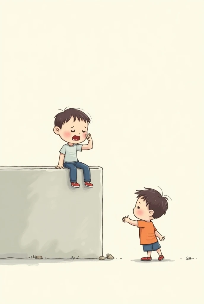The drawing of a child on the ground in fear and a child extends his hand to help him up