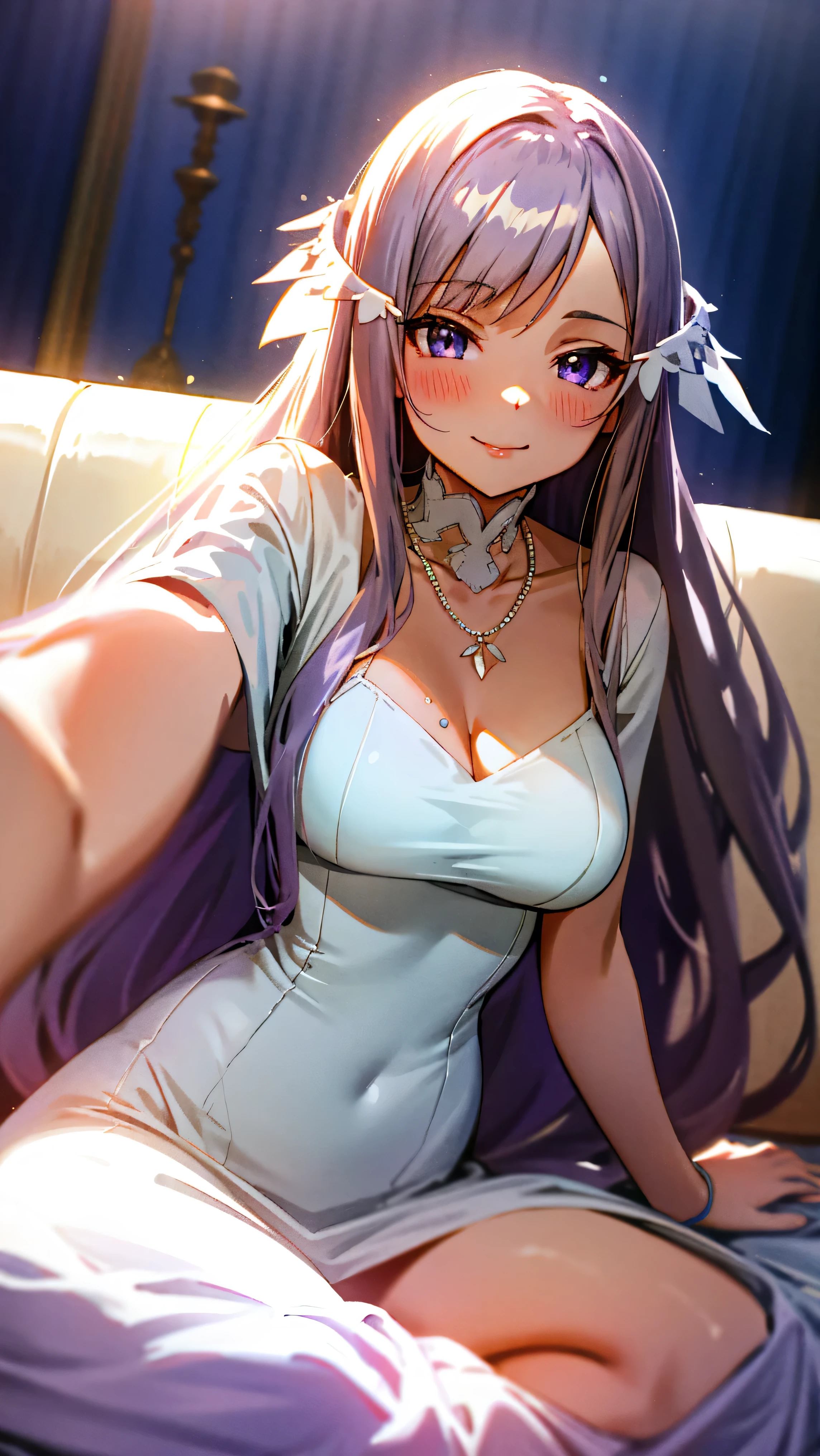 kawaii, A sexy,  Best Quality,Beautiful, Anime style, Dynamic Angle, Upper body,  full body focus, Western-style room, sofa, morning, Cute  s, 1girl in, Solo,  Beautiful light brown hair, beautiful purple beautiful eyes,  Long hair, Transparent hair, translucent hair, large full breasts, a necklace, Laugh, Lens Flare, shiny-glistening、Sexy white dress