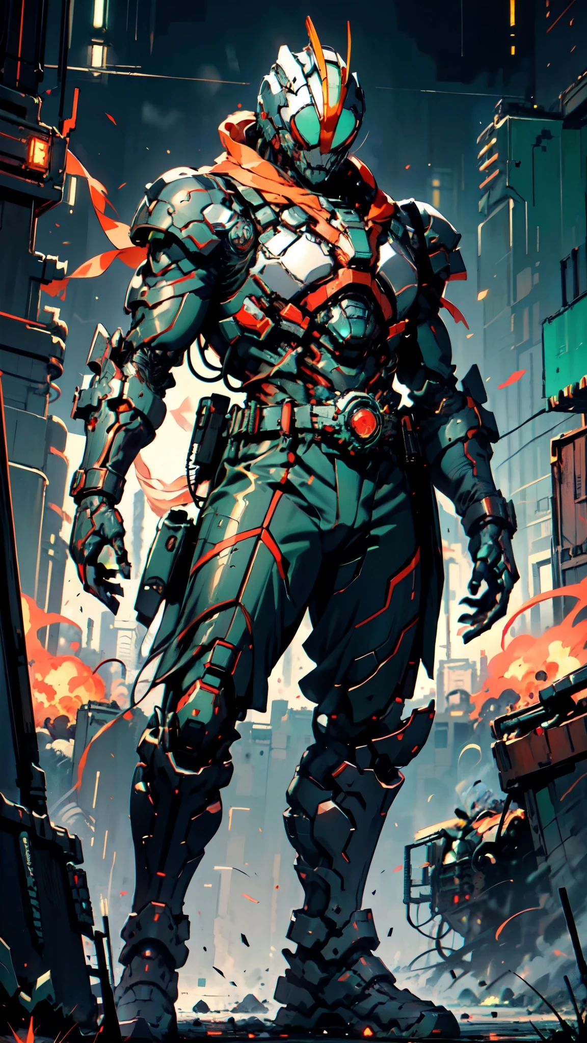 (masterpiece:1.5, best quality:1.5, extremely delicate:1.5), ((male:1.5)), a man wearing a full-face helmet, green eyes, fantasy-style high-tech biomimetic armored combat suit, (a composite layered chest armor), the design balances heavy with agility, fully enclosed shoulder guards, matching arm and leg guards, a belt of gemstone, (the color scheme is primarily Green and Red with Blue and Yellow accents, Organic Biotech, Concept Inspired by Neon Cyberpunk, glowing eyes, armor glows, stand of a futuristic sci-fi city), this character embodies a finely crafted fantasy-style armored hero in anime style, exquisite and mature art style, metallic, high definition, highres, ultra-detailed, ultra-fine painting, professional, perfect body proportions, golden ratio, anatomically correct, symmetrical face, extremely detailed eyes and face, high quality eyes, creativity, RAW photo, UHD, 32k, Natural light, cinematic lighting, masterpiece-anatomy-perfect