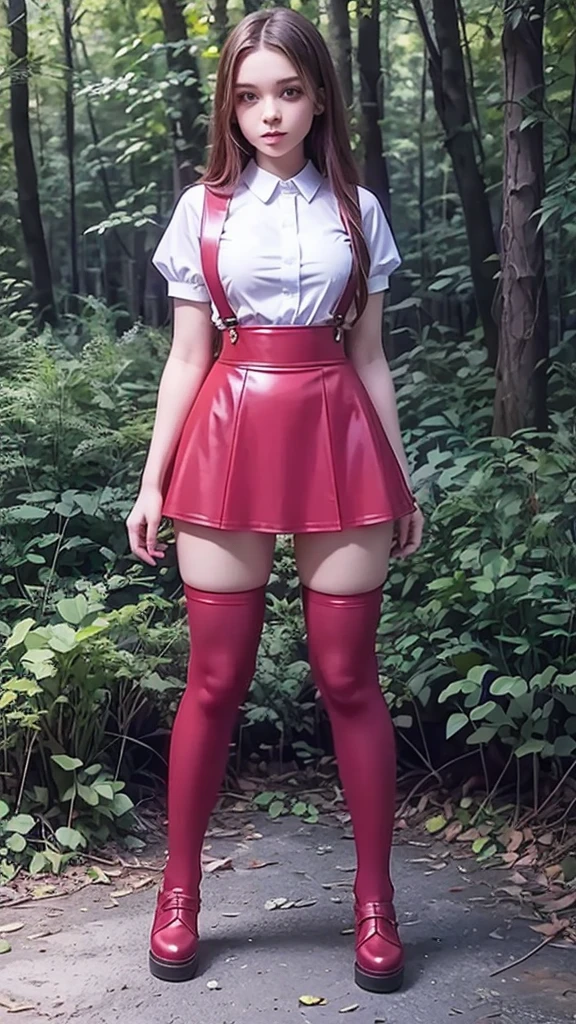  full body  , fitted figure , cute beautiful schoogirl,  beautiful cute **** faces with big lips ,  red sexy  leather skater  pinafore dress,  blouse short  puffy sleeves ,  red leather short  skater skirt, red tie , brunette long hair,  Beautiful eyes. stockings,   thick platform shies, **** girl standing wiht knife near  dead body of her  man teacher in the forest ,  photorealistic, Full body 