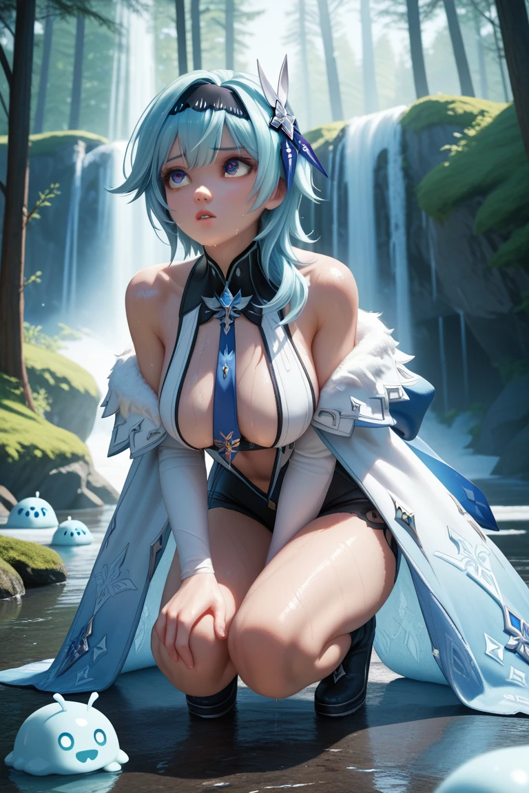 obra-prima, 1 woman, Eula, genshin impact,  detailed face, detailed eyes,  looking up, ashamed, moth open, pursed lips, high contrast, semi clothed, eula tie, SFW,  looking to the camera, bend over, hyper detailed eyes,  muscular  legs open, crouched on her knees, legs open, sweating, wet, deep plunging neckline,  natural light,  sunny day, sun neon back light,  forest, background frozen waterfall, frozen lake, frost slime 