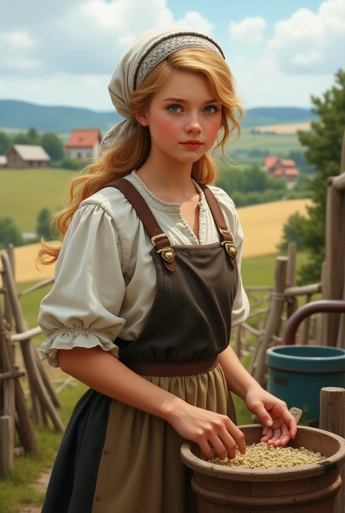 Russian style, children girl, portrait, long red hair of braids with hat, farmer style, with rolls of hay and wheat and horse, barns.