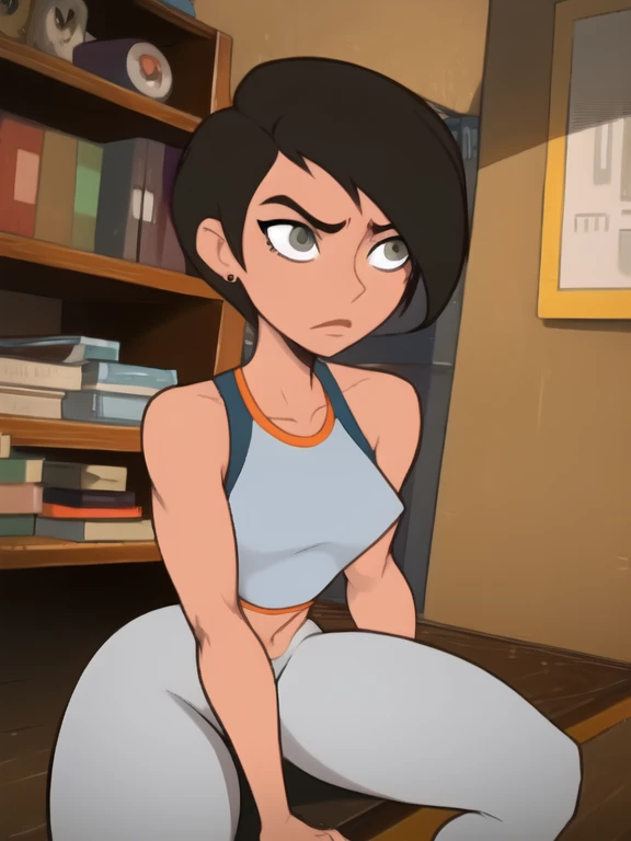 Best_QualityPos, RAW photo, beautiful face, intricate details, best quality, 8k uhd, soft lighting, 1girl, solo, grey eyes, very short black hair, bob cut, short hair, white bodysuit, white croptop, white yoga pants, bare shoulders, short breasts, abs , female athletic build, Lois Lane, manga style art. Masterpiece 