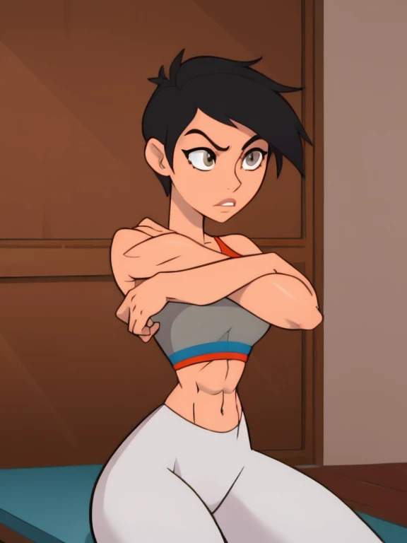 Best_QualityPos, RAW photo, beautiful face, intricate details, best quality, 8k uhd, soft lighting, 1girl, solo, grey eyes, very short black hair, bob cut, short hair, white bodysuit, white croptop, white yoga pants, bare shoulders, short breasts, abs , female athletic build, Lois Lane, manga style art. Masterpiece 