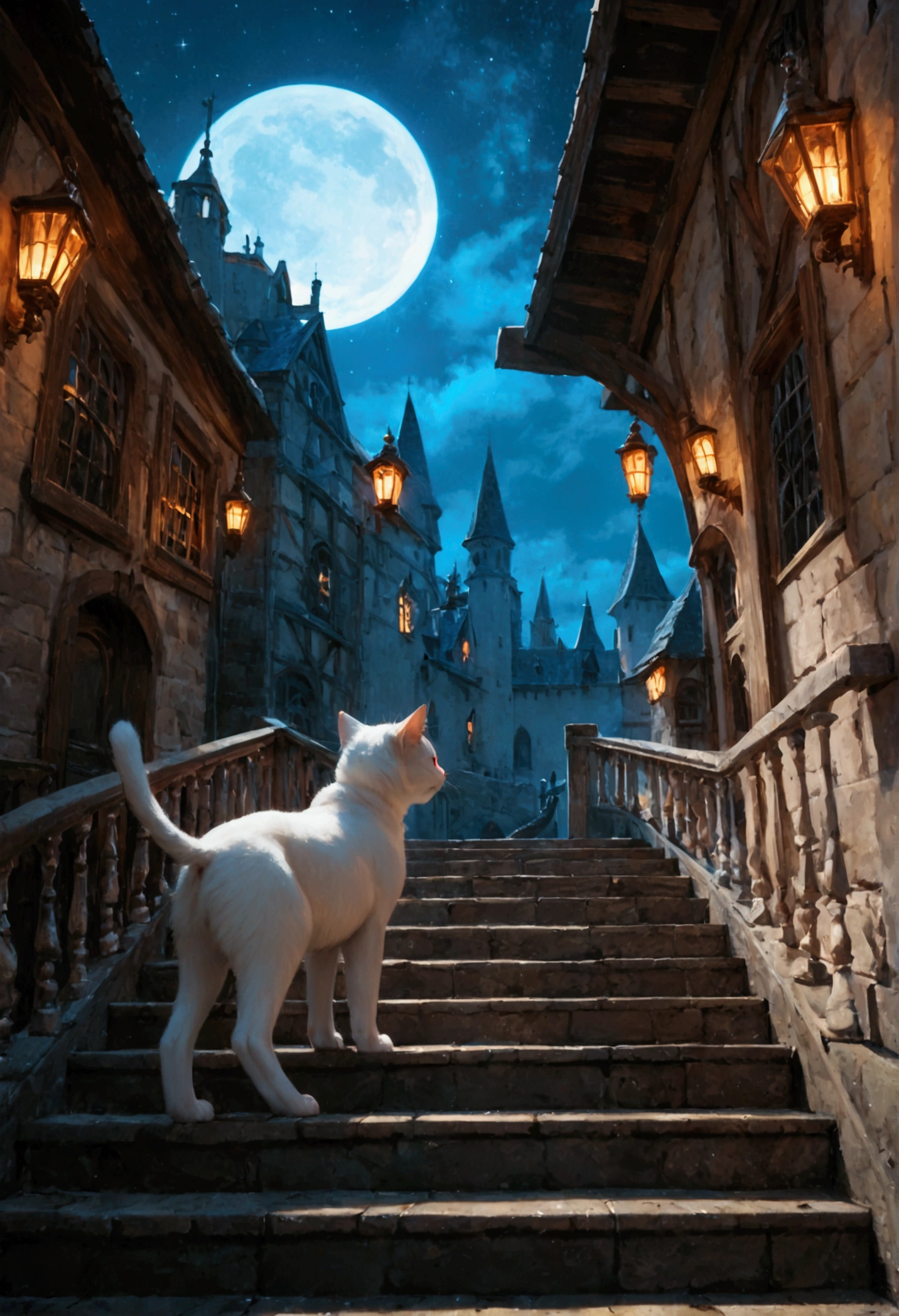 score_9, score_8_up, score_7, there is a fat white cat walking on spiraling black stairs, of a  medieval tower,  the cat has red glowing eyes, it is night time, there is a crescent moon and stars highres, best quality, high details, 16K, ultra detailed, masterpiece, best quality, (extremely detailed), 