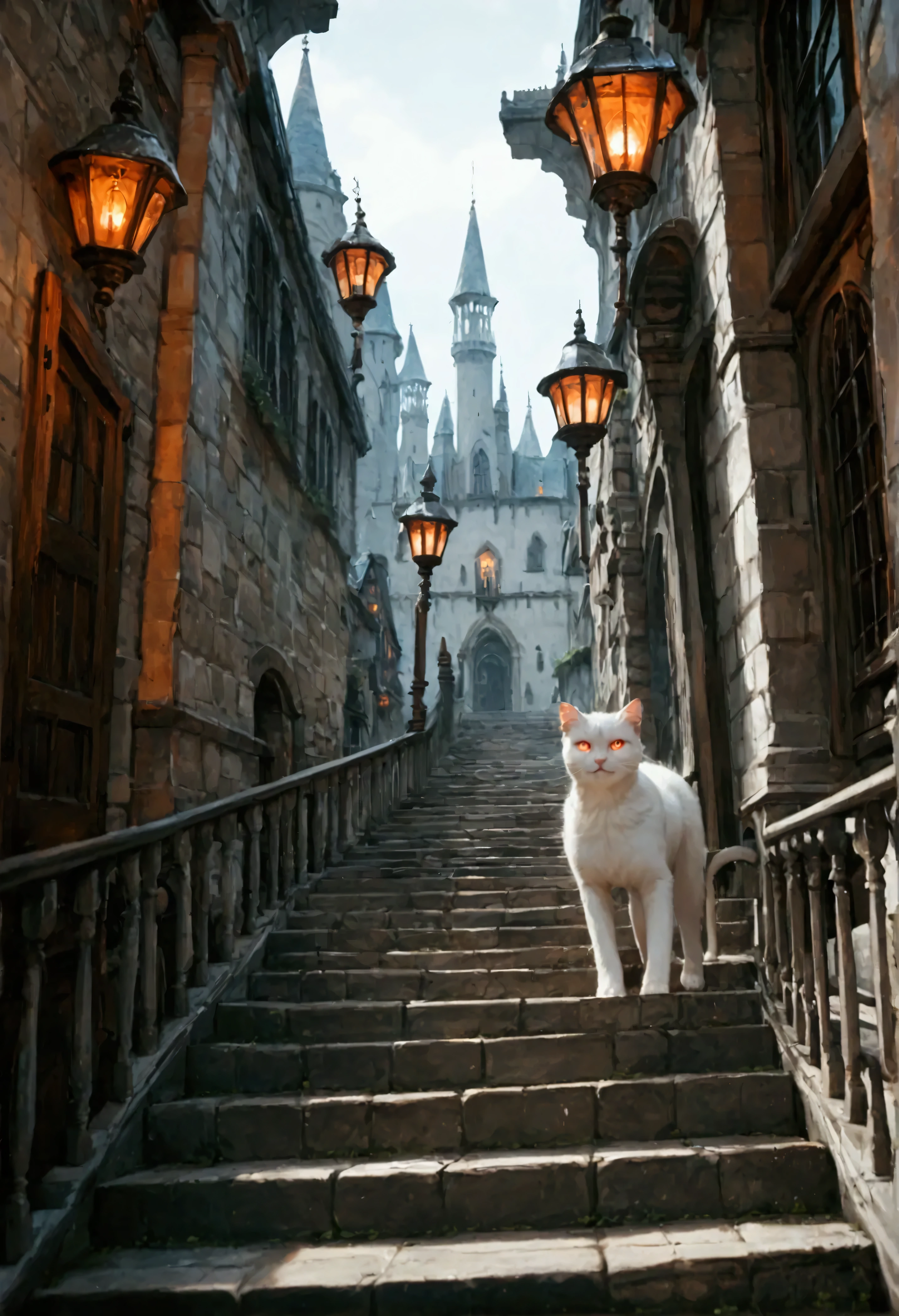 score_9, score_8_up, score_7, there is a fat white cat walking on spiraling black stairs, of a  medieval tower,  the cat has red glowing eyes, highres, best quality, high details, 16K, ultra detailed, masterpiece, best quality, (extremely detailed), 