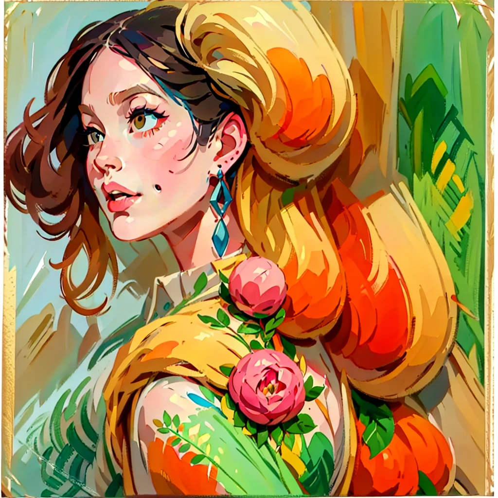 leafyPortrait, 1girl, solo, looking away, brown eyes, brown hair, earrings, parted lips, lips, portrait, hyperdetailed gouache painting, 2d illustration, flat shading, traditional media, lksecai