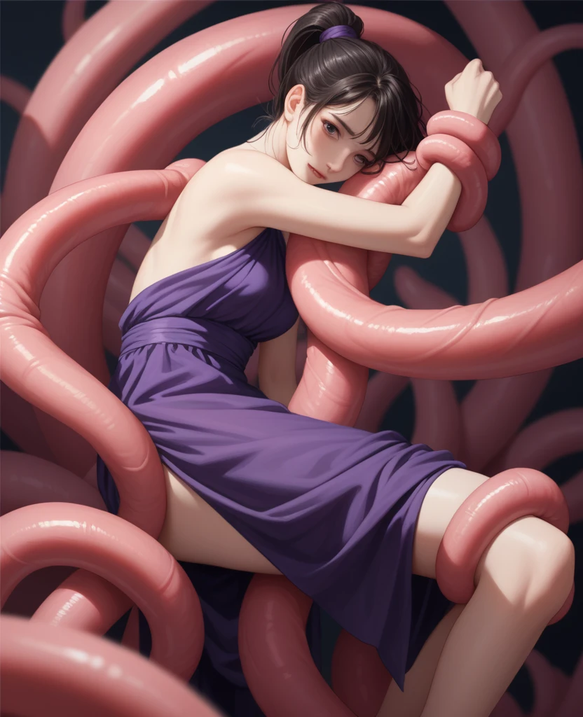 A woman with a ponytail wrapped around tentacles, arms wrapped around, legs wrapped around, wearing a long purple dress. 