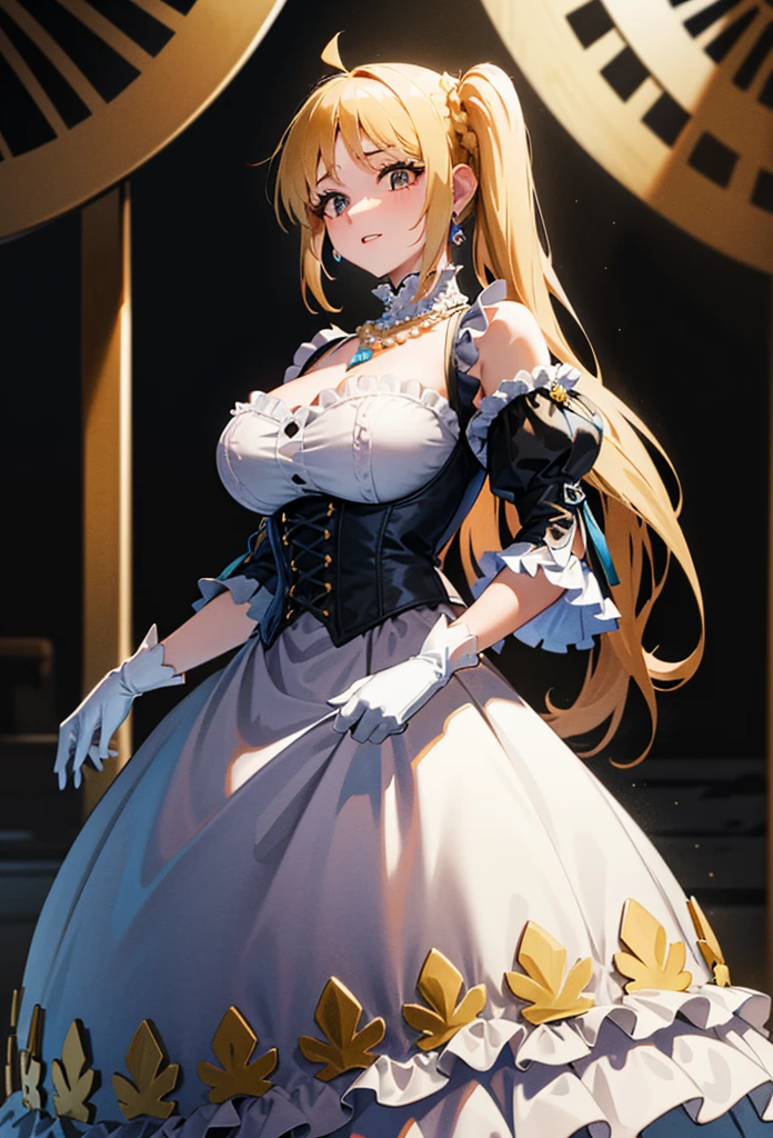 A stunningly beautiful blonde fairytale Princess shining with Royal Pomp and Regal Splendor, wearing a Stately and (((Elaborate))) Royal Cinderella Wedding Dress of Silver and White Brocade, with (((enormous puffed sleeves))) a stiffly boned, padded and corseted bodice, an hourglass waist, a (((huge crinoline hoopskirt))) and (((bustle))), adorned with ribbons, bows, roses, lace, ruffles, frills, embroidery, and jewels, elaborately curled and styled hair, long white gloves, pearl and diamond necklace and earrings