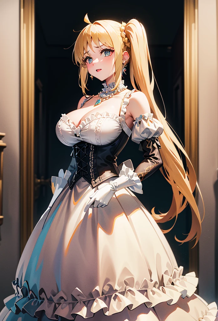 A stunningly beautiful blonde fairytale Princess shining with Royal Pomp and Regal Splendor, wearing a Stately and (((Elaborate))) Royal Cinderella Wedding Dress of Silver and White Brocade, with (((enormous puffed sleeves))) a stiffly boned, padded and corseted bodice, an hourglass waist, a (((huge crinoline hoopskirt))) and (((bustle))), adorned with ribbons, bows, roses, lace, ruffles, frills, embroidery, and jewels, elaborately curled and styled hair, long white gloves, pearl and diamond necklace and earrings