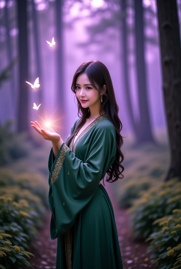 A highly detailed, cinematic scene of an East-Asian woman with long, slightly wavy black hair wearing an emerald-green robe intricately embroidered with subtle gold patterns. She stands gracefully in the middle of a mystical forest, bathed in the soft, gradient hues of early morning light that shift from deep purple to soft lavender. Gentle mist drifts through the air, creating an ethereal atmosphere. The woman's serene expression reflects quiet focus as she raises her hand, palm facing up, from which a bright, magical light glows, illuminating her features.She is looking at the camera gently.From this glowing light, delicate, radiant butterflies made of pure light take flight, casting small, glimmering trails as they ascend and flutter around her. The forest behind her is dense with tall, ancient trees and softly lit with patches of purple morning glow filtering through the leaves. The scene is enhanced with natural shadows and highlights that accentuate the depth of the environment. The cinematic shot is captured with a Sony A7 IV and a Sigma 50mm f1.4 lens, providing a shallow depth of field, focusing on the woman and her magical light while gently blurring the mystical forest background. A subtle touch of film grain adds to the atmosphere, and professional color grading enhances the warm glow of the magic and the cool, purplish morning light to create a captivating balance between warmth and coolness in the overall composition.

