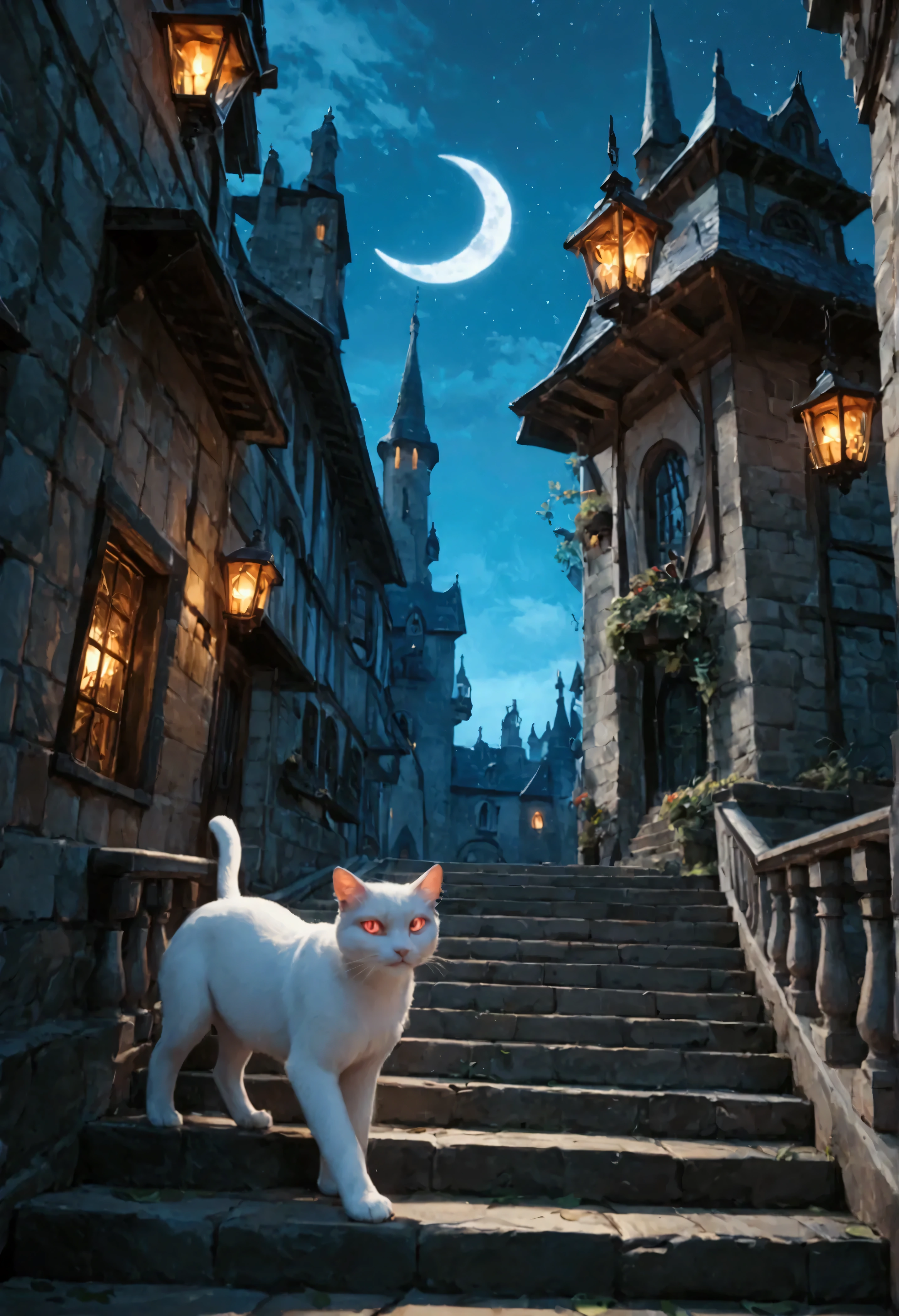 score_9, score_8_up, score_7, there is a fat white cat walking on spiraling black stairs, of a  medieval tower,  the cat has red glowing eyes, it is night time, there is a crescent moon and stars highres, best quality, high details, 16K, ultra detailed, masterpiece, best quality, (extremely detailed), 