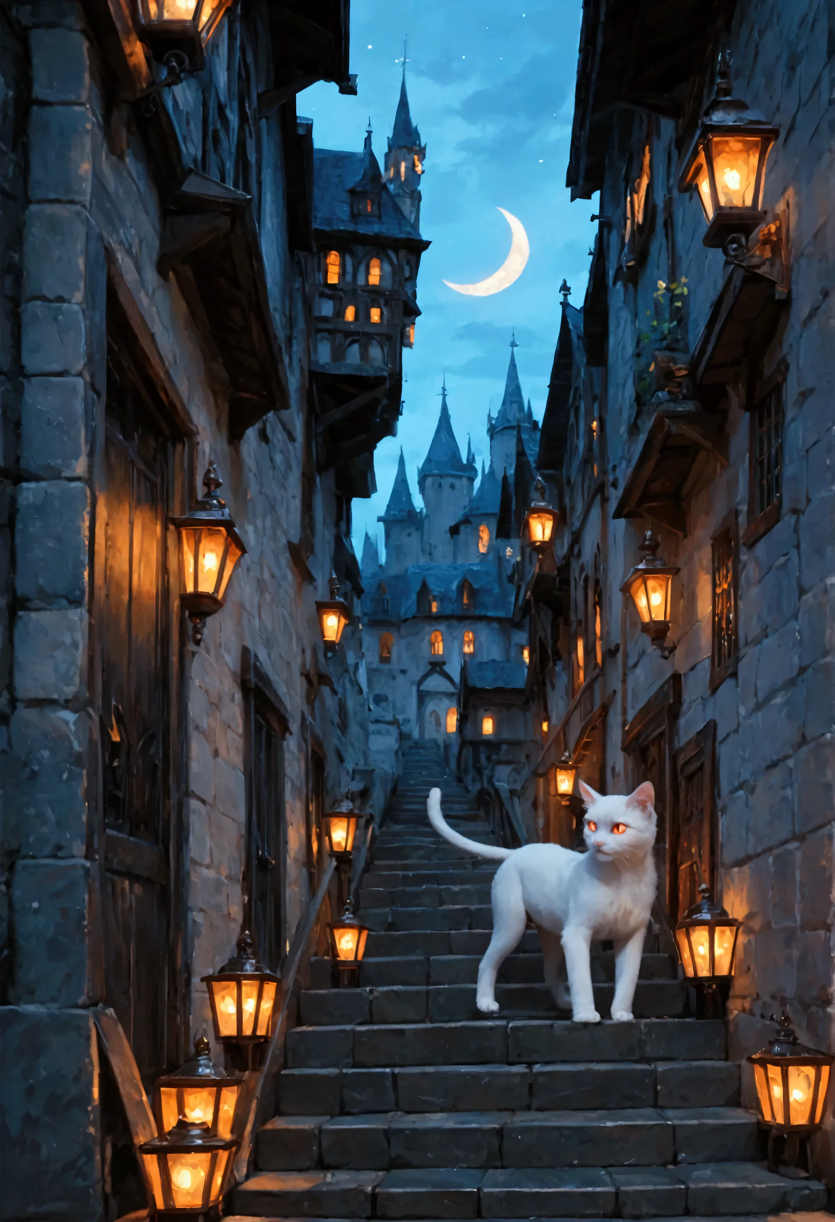 score_9, score_8_up, score_7, there is a fat white cat walking on spiraling black stairs, of a  medieval tower,  the cat has red glowing eyes, it is night time, there is a crescent moon and stars highres, best quality, high details, 16K, ultra detailed, masterpiece, best quality, (extremely detailed), 