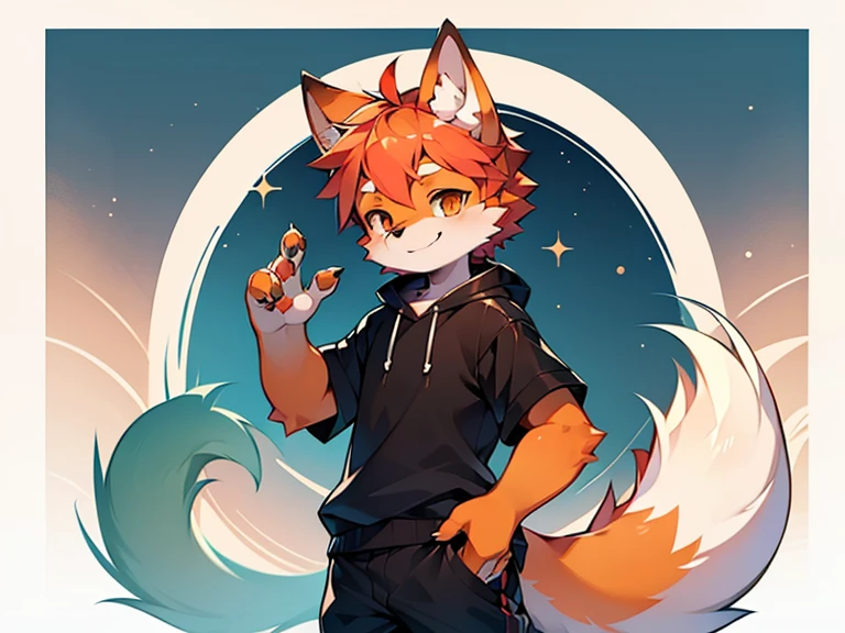 Boy for a cute orange wolf with shiny hair, a detailed body, small claws, a big tail, plain clothes, a nice background, high quality, a masterpiece of art, a happy face. 