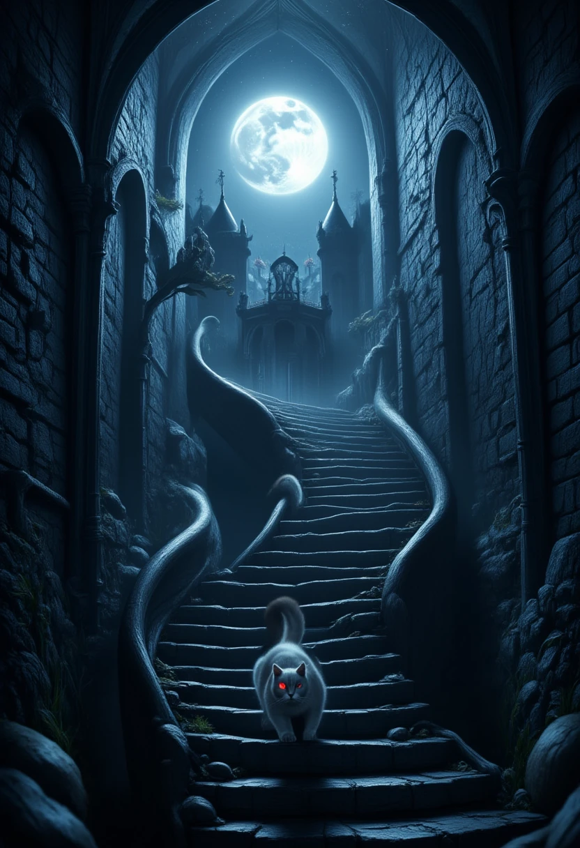 score_9, score_8_up, score_7, there is a fat white cat walking on spiraling black stairs, of a  medieval tower,  the cat has red glowing eyes, it is night time, there is a crescent moon and stars highres, best quality, high details, 16K, ultra detailed, masterpiece, best quality, (extremely detailed), hyp3rd3tail style, ral-ertmsphr