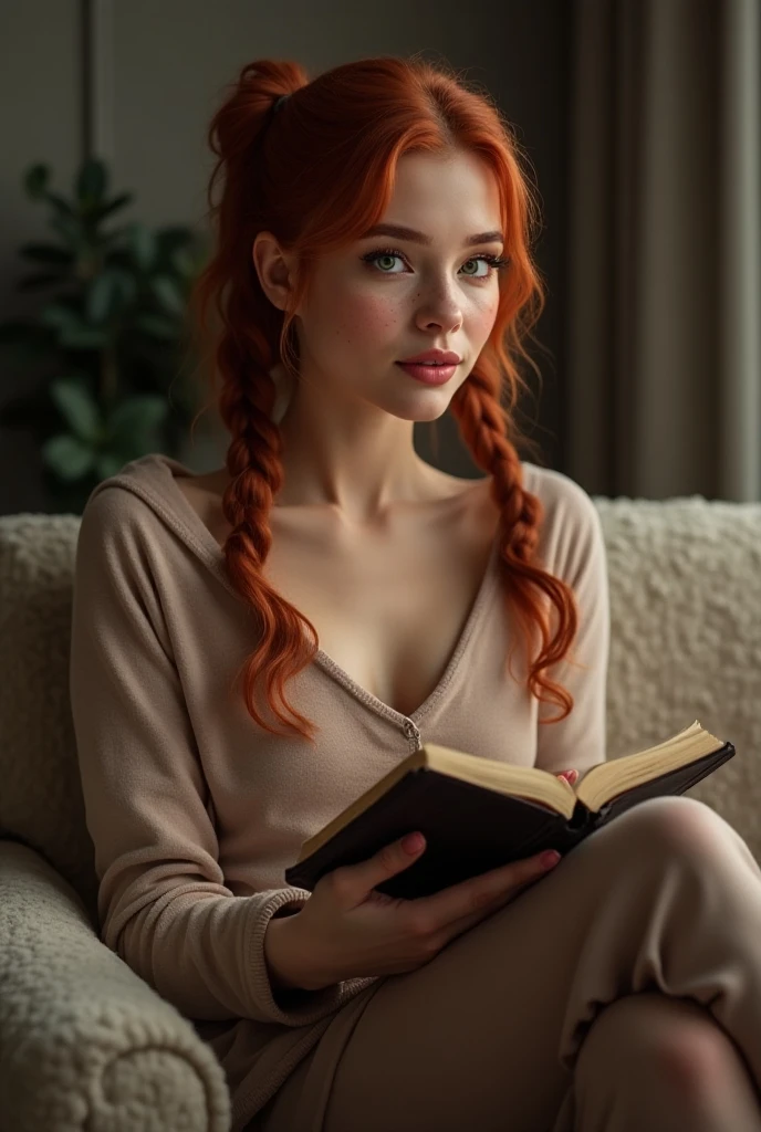 Criar uma foto realista de uma mulher ruiva lendo um livro!