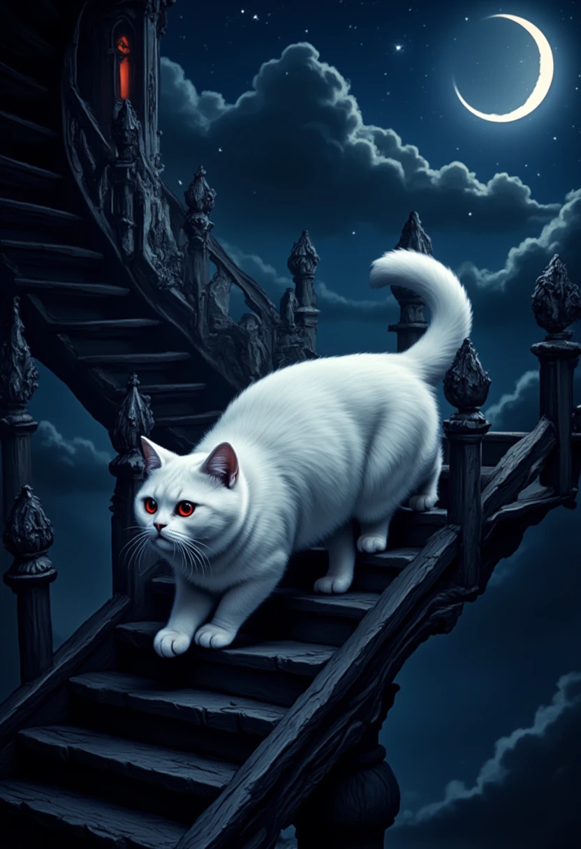 score_9, score_8_up, score_7, there is a fat white cat walking on spiraling black stairs, of a  medieval tower,  the cat has red glowing eyes, it is night time, there is a crescent moon and stars highres, best quality, high details, 16K, ultra detailed, masterpiece, best quality, (extremely detailed), hyp3rd3tail style, ral-ertmsphr