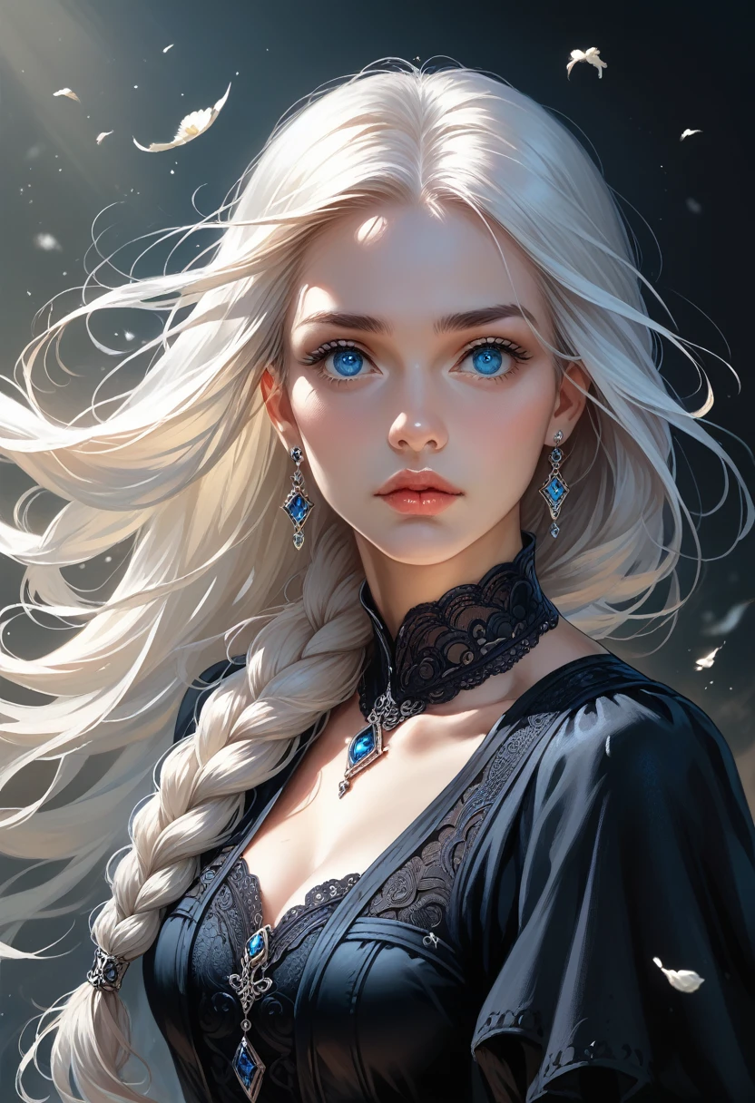 a targaryen queen with long braided white hair,piercing blue eyes,detailed face,detailed lips,beautiful detailed eyes,long black dress flowing in the wind,dramatic lighting,highly detailed,8k,ultra-detailed,photorealistic,best quality,masterpiece,dramatic,cinematic,digital painting,concept art