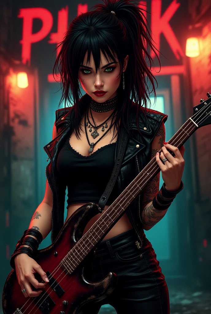 (Realisttic:1.2), analog photo style, (cute Tifa Lockhart, playing  guitar), detailed face and eyes, best quality textures, punk style, leather skirt, tattoo on left shoulder, headphones, cinematic lighting, cgi, colored bob hair, perfect ???????, in concert, hairshakes, great dinamic photo, great quality, Masterpiece, intricate steam body, rock'n'roll  aesthetic, 16k quality, analog photo style, RAW photo