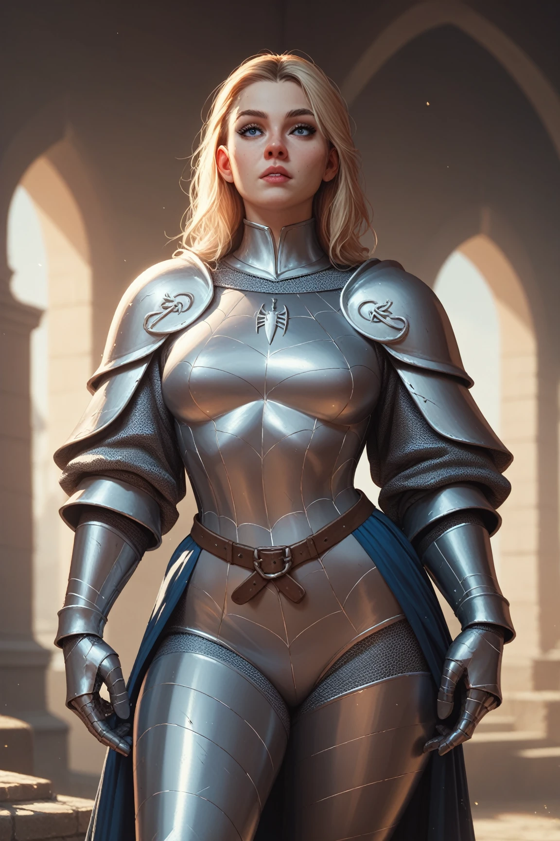 A beautiful blonde woman in shining knight armor, extremely detailed face, piercing eyes, full lips, long eyelashes, intricate armor details, medieval fantasy, cinematic lighting, dramatic shadows, digital painting, 8k, photorealistic, masterpiece, dynamic, floral surroundings, calm expression, painting, detailed eyes, flowers, serene