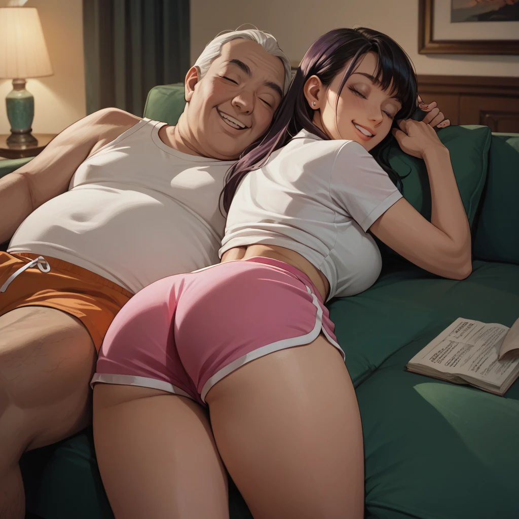 Anime woman girl sleeping at night on the couch , next to her, a fat old man in pink shorts lifted up her skirt and looks at her bare ass smiling
