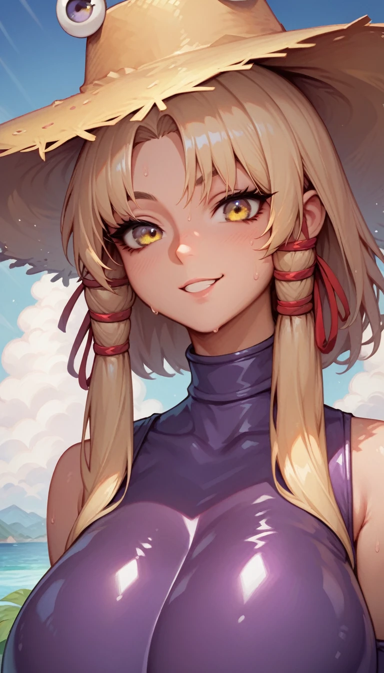 (masterpiece, Highest quality, Ultra-high resolution), 1girl, Moriya Suwako, yellow eyes, blond hair, sidelocks, straw hat, red ribbon, anime face, cute face, (purple latex suit), The clothes fit perfectly, latex has a strong metallic sheen, Glossiness, shiny, sweat, steamy, whole body slimy, huge breasts, Glossiness, anime face, cute face, gigantic breasts,