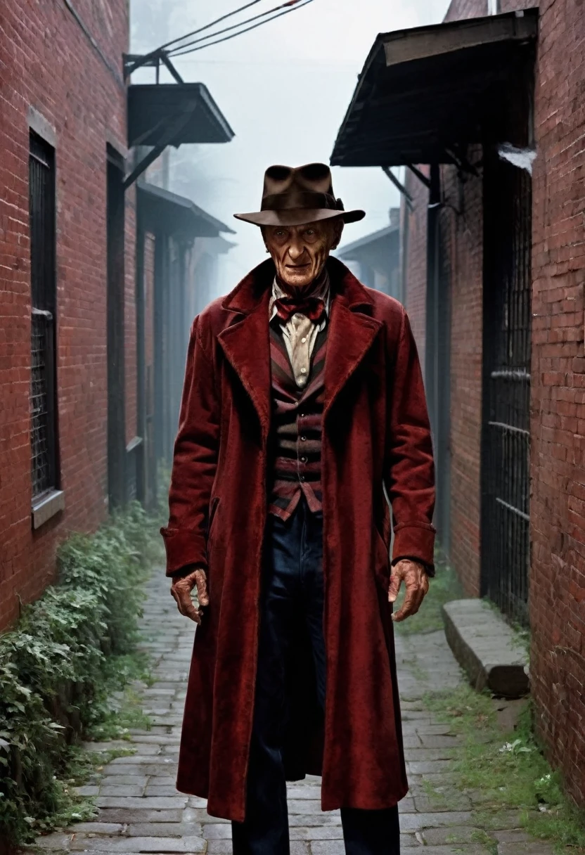  Describe Freddy Krueger in his original outfit ,  stalking a woman in a creepy alley  . (  with 45° view of a station  , 8K, 32k, masterpiece, I don&#39;t like:1.3), ( Ultra high definition ), ( photorealistic :1.4),  RAW Photography,  perfect eyes,  perfect figure , action pose:1.2,  super-detailed and realistic lights  .   His wide-brimmed hat an ominous shadow over his burned and disfigured face,   while the sharp iron blades on his fingers shine with ominous light  .   The air is charged with tension and palpable fear  ...,   while Freddy stands with an evil smile  ,   ready to stalk his next victim in the dark  ...