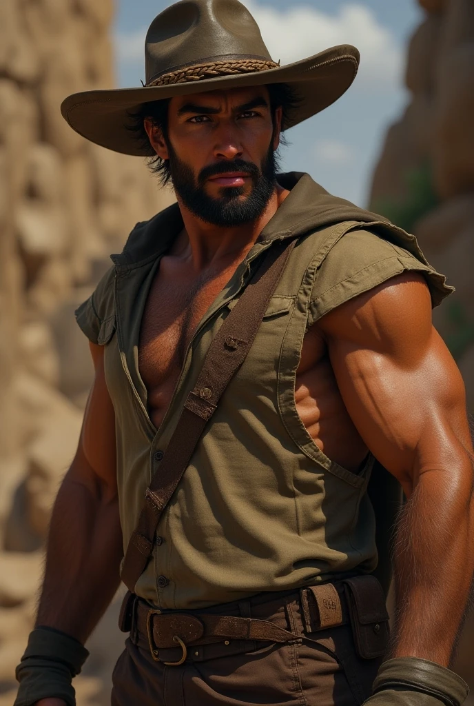 Arabian man in cowboy hat leaning against wall, , Renaissance, Masculine and sturdy, Mid shot of a handsome man, In the Australian outback, Sturdy and dirty, Thick, 🤠 With 🖥, Sturdy and stocky body, Sexy masculine, Jock, attractive Thick man