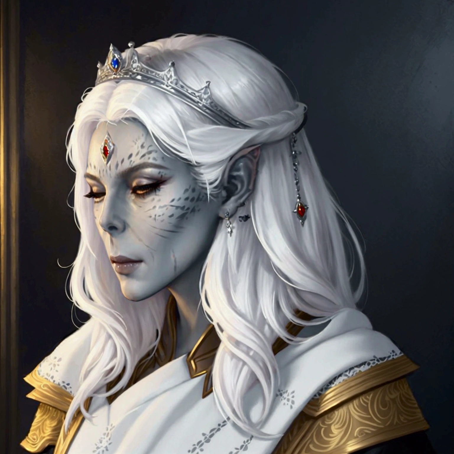 githyanki, solo, profile view, older female, queen, crown, robes, white hair ,closed mouth, closed eyes, regal, male focus, scars, portrait, ((masterpiece, best quality)), art by greg rutkowski, artwork trending on artstation 