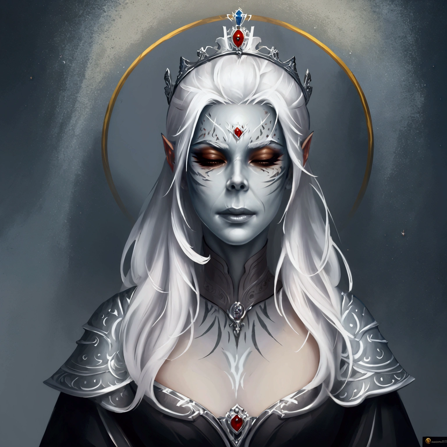 githyanki, solo, profile view, older female, queen, crown, robes, white hair ,closed mouth, closed eyes, regal, male focus, scars, portrait, ((masterpiece, best quality)), art by greg rutkowski, artwork trending on artstation 