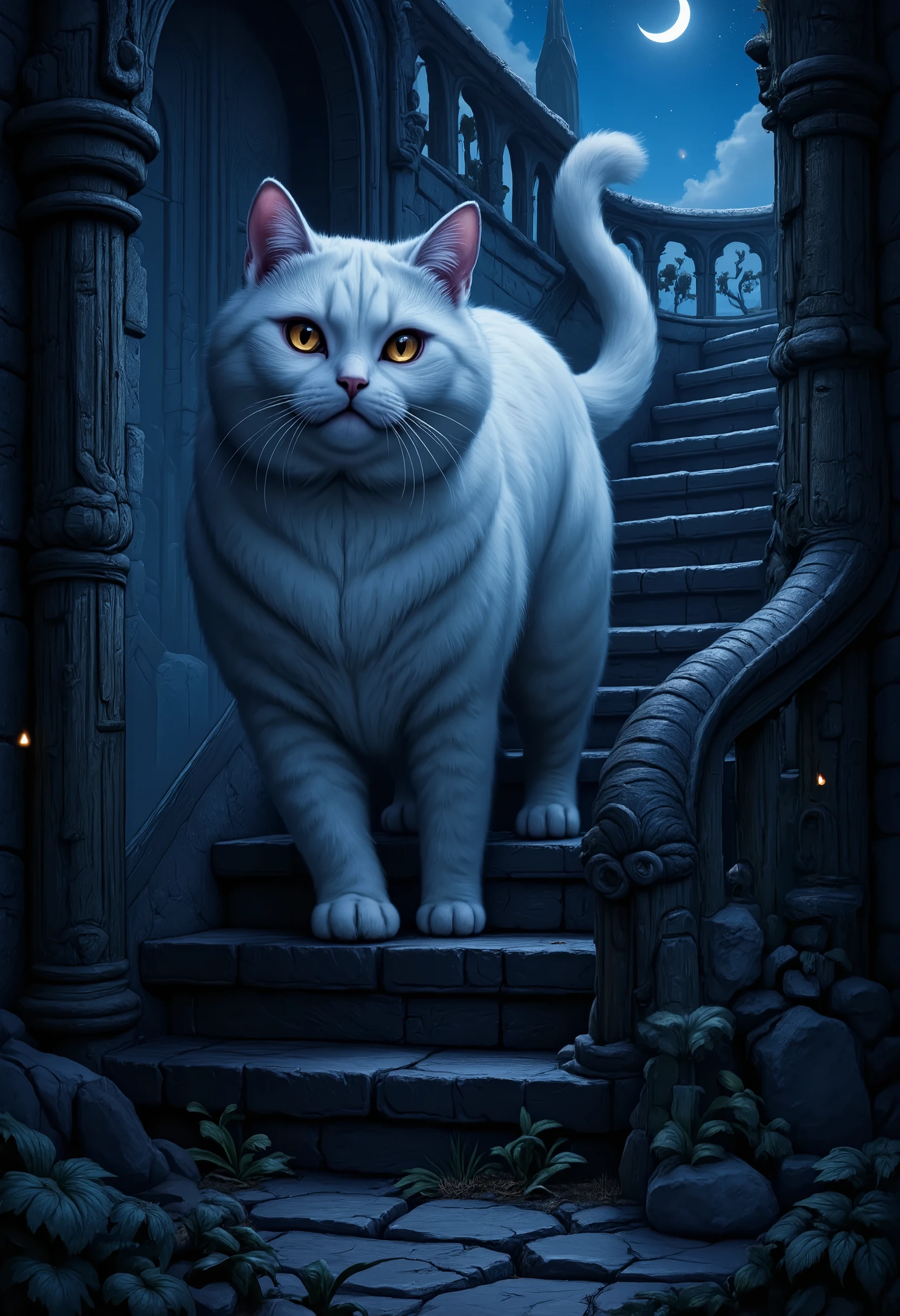 score_9, score_8_up, score_7, there is a fat white cat walking on spiraling black stairs, of a  medieval tower,  the cat has red glowing eyes, it is night time, there is a crescent moon and stars highres, best quality, high details, 16K, ultra detailed, masterpiece, best quality, (extremely detailed), hyp3rd3tail style, ral-ertmsphr