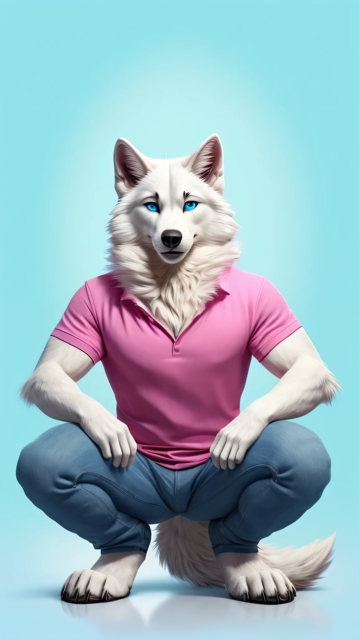 Male white wolf furry squat pose acostado enen el suelo, fluffy tail, legs open, blue pastel background blue eyes, pies con garras. Jeans and pink shirts