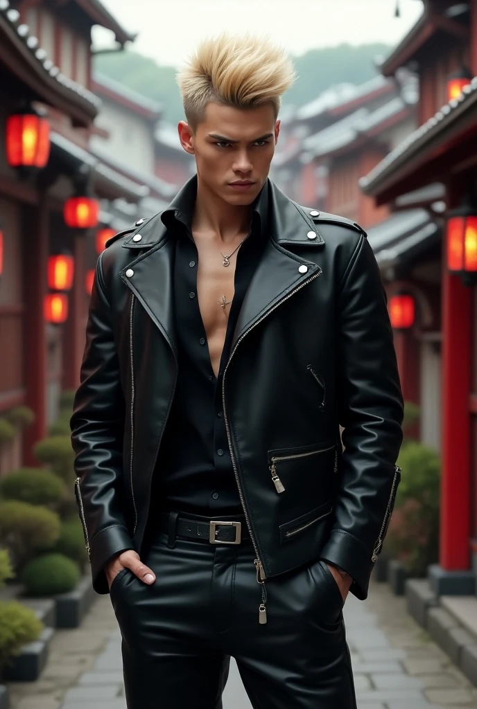 2d anime style,Skinheads,male,Red pupil,earrings,Showing chest muscles,Tattoo,Stylish outerwear,black trousers,Black leather shoes,night
