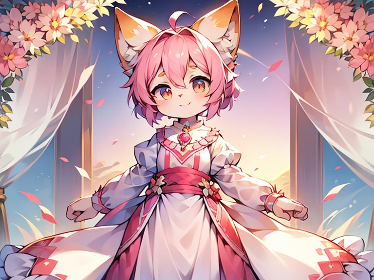 A cute girl with a wolf, two colors, white and pink, with shiny hair, a detailed body, a beautiful dress, a nice background, high quality, a masterpiece of art, a happy face. 