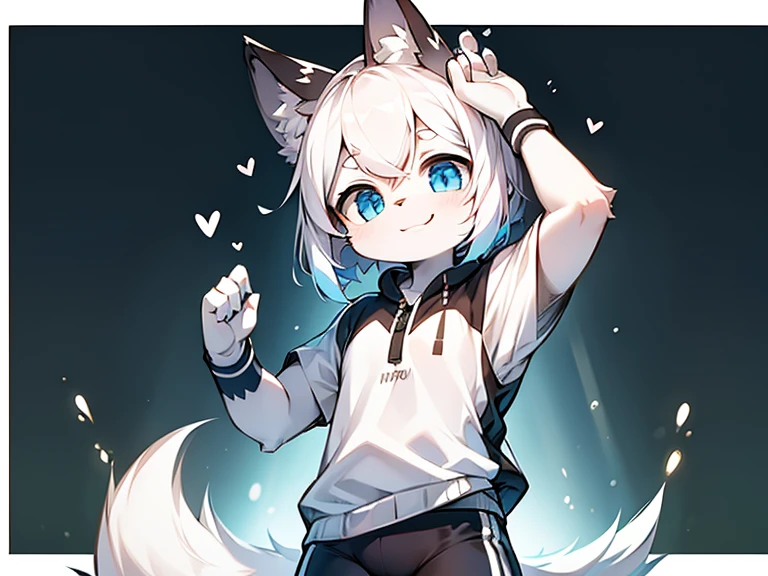 A cute girl with a wolf, two colors, black and white, with shiny hair, a detailed body, sports clothes, a nice background, high quality, a masterpiece of art, a happy face. 